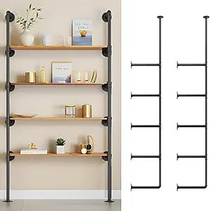 Industrial Wall Mount Iron Pipe Shelf Shelves Shelving Bracket Black Vintage Retro DIY Open Bookshelf Brackets Rustic Farmhouse Kitchen Storage (2 Pcs 5 Tier 68" Tall,10" Deep 3/4" Hardware Only)
