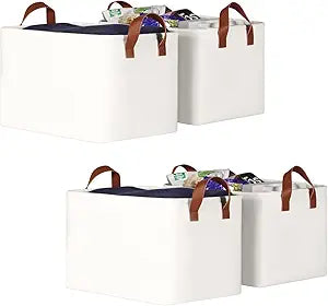 KEEGH Storage Baskets for Organizing, Fabric Storage Bins with Leather Handles, Shelf Baskets for Closet Organization, 15" L x 11" W x 10" H, White, 4 Pack