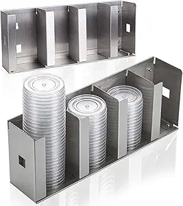 4-Compartment 304 Stainless Steel Cup Dispenser with Adjustable Dividers, Cup Holder Lid Dispenser - Measuring Cup Tumbler & Lid Organizer for Kitchen Cabinets, Cafe, Meeting rooms & Restaurant