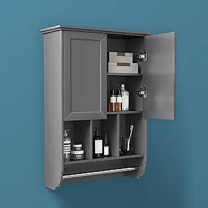 VANIRROR Bathroom Wall Cabinet with Towel Bar,Wooden Medicine Cabinet Adjustable Shelves,23x32 Inch Kitchen Cabinet,Over Toilet Storage Cabinet for Bathroom,Kitchen,Laundry