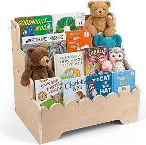 Small Wooden Bookshelf 4-Tier, Natural Pine Wood Kids Bookshelf, Scalloped Toddler Book Shelf, Baby Nursery Book Shelf, Display Front Facing Montessori Book Case for Children Room Playroom