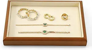 Solid Wood Flat Jewelry Tray Microfiber Necklace Bracelet Ring Earring Watch Bangle Stackable Drawer Organizer for Storage Display (Cream White)
