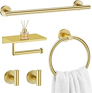 Gold 5-Piece Bathroom Hardware Set, 23.6 Inch Towel Bar Set SUS304 Stainless Steel Towel Racks for Bathroom Round Towel Bar, Towel Ring, Toilet Paper Holder, 2 Robe Hooks, Wall Mounted