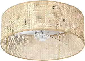 Eamonex Boho Bamboo Small 18 DC Ceiling Fan with Light Fixture and Remote Control,Enclosed Wicker Caged Rattan Cage Drum Low Profile Flush Mount Fandelier for Kitchen Nursery Bedroom Indoor