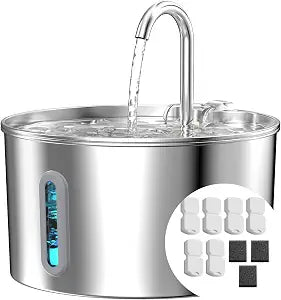 Cat Water Fountain Stainless Steel: 74oz/2.2L Cat Fountain for Drinking - Pet Water Fountain for Cats Inside - Automatic Cat Water Dispenser Bowl - Cat Feeding & Watering Supplies 6 Filters 3 Sponges