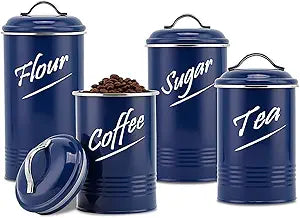 Hillbond Kitchen Canister Set of 4, Airtight Stainless Steel Food Storage Containers with Lids, Flour Sugar Coffee Tea Canisters for Countertop, Metal Kitchen Storage Jars, Navy Blue
