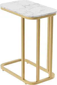 End Accent Table, Night Stands for Bedrooms, Metal Small Tables for Small Spaces, Use As Side Table, or Bedside Tables 19L C-Shaped Rounded Marble Look Gold Metal