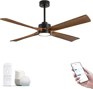 42 Inch Smart Outdoor Ceiling Fan with Light, Alexa/App/Remote Control, Damp Rated for Patio Porch, Brown Solid Wood Blades, Quiet Reversible DC Motor, Rustic Farmhouse Style for Indoor Bedroom