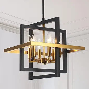 Small Black and Gold Chandelier- 6 Lights Geometric Pendant Light Fixture, Modern Industrial Chandeliers Hanging Lights for Entryway Dining Room Living Room Kitchen Island Hallway Foyer