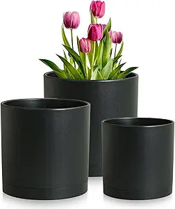 Meowell 10/8/6 inch Large Deep Plant Pots for Outdoor Indoor Plants, 3 Pack Tall Cylinder Flower Pots with Drainage Holes and Saucers, Big Plastic Planter Pots for Garden House Porch, Black