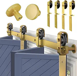 Rio Salto Gold Bifold Sliding Barn Door Hardware Kit Heavy Duty Metal Track System with Matching Knobs Gold Bi-Fold Barn Door Bifold Closet Doors, Bi-Folding 64" Track for 4 Doors, 4 Rollers No Door