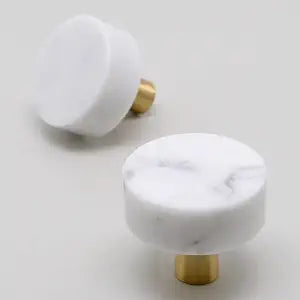 2pcs Marble Cabinet Knobs, Modern Decorative Cabinet Knobs, White Stone Brushed Brass Base Drawer Knob Handles Pull for Kitchen Bathroom Dresser (White)