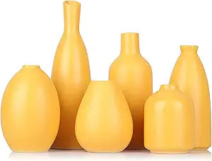 Yellow Ceramic Bud Vases Set of 6, Mini Vases for Farmhouse Mantel, Shelf & Fireplace, Home Accents for Living Room, Entryway, Bathroom, Kitchen, Office, Bulk Table Decor
