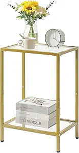 YMYNY Tempered Glass Side Table, 2 Tier End Table with Storage Shelves, Narrow Bedside Table, for Small Space in Living Room, Bedroom,Gold, UHGD002G