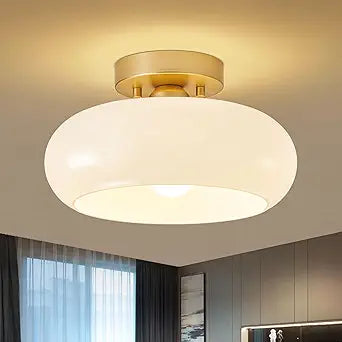 WOKNOS Mid-Century Modern Gold Semi Flush Mount Ceiling Light, Kitchen Ceiling Light Fixture with Glass Shade, Vintage White Close to Ceiling Lamp for Entryway Hallway Bathroom (11.0 Inch)