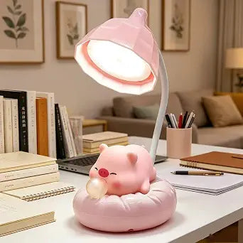 LED Desk Lamp with USB Charging Port, Gooseneck, Cute Pig Night Light for Bedroom Study Room, Boys Girls Children, Touch Control, Rechargeable Lighting Decor for Boys Girls-Pink-Pig