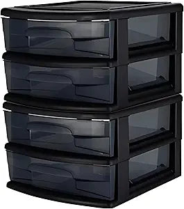 HOMZ 2-Pack 2-Drawer Storage Cart, Plastic Drawers w/Smoke Tint, 14.25" Wide Medium, Black Frame - Organizing Drawer Containers for Home, Bathroom, Bedroom, Office, and Classroom