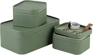 HofferRuffer Faux Leather Decorative Storage Boxes, Dust proof Storage Shelf Baskets with Lids Trays, Storage Bins Memory Box Organizer for Home, Office, Jewelry & More, Set of 3 (Green)
