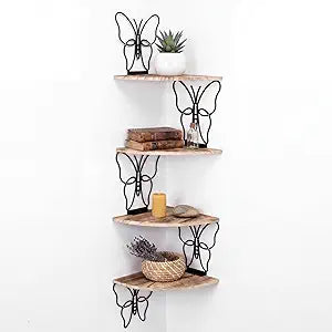 4 Tier Black Butterfly Wall Mount Corner Shelves Floating Corner Storage Wood Shelves Decorative Rustic Butterfly Wall Decor for Bedroom Living Room Bathroom Home Kitchen