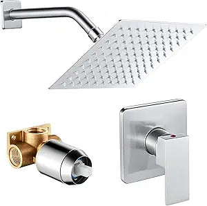 POPFLY Shower Faucet Set System, 8 Inch Square Rainfall Single Function Shower Faucet Trim Kit with Rough-In Valve, Brushed Nickle