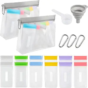 16 Pack Reusable Protein Powder Travel Container, PEVA Leakproof SingleDose Supplement Storage Pouches, 14 Small & 2 Large ColorCoded Bags with Funnel, Measuring Spoon and Carabiner for Gym Workout