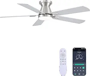 Ceiling Fans with Lights, 52'' Low Profile Ceiling Fan with Light and Remote/APP Control, Dimmable, Qiuet DC Motor, Flush Mount Ceiling Fan for Indoor Bedroom Living Room, Nickel