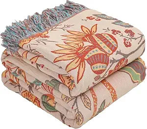 Boho Fall Throw Blanket for Bed100% Ultra Cotton Soft Breathable Bed Throw Floral Printed Farmhouse Decor Rustic Bed Throws for Couch Sofa Quilt 90" x 98"-Orange& Sage Green