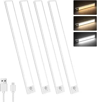 Motion Sensor Under Cabinet Lighting-Magnetic Rechargeable Closet Lights for Kitchen,Stairs,Wardrobe | 3-Color Dimmable LED Under Counter Lighting | Pro Battery Upgrade (12inch-4Pack)