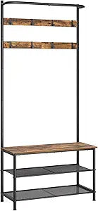 YATINEY Hall Tree, Coat Rack with Shoe Bench, 4-in-1 Entryway Bench with Storage Shelves, Hanging Rod and 8 Movable Hooks, Hall Tree with Storage Bench for Hallway, Rustic Brown and Black MT02BR