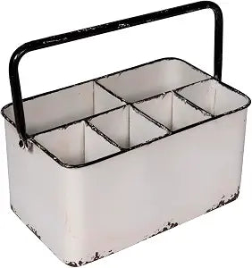Creative Co-Op Metal Caddy with 6 Compartments, Handle, and Distressed Enamel Finish, White and Black