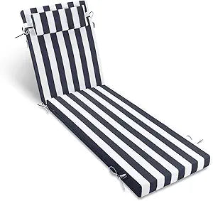 PNP FKJP Outdoor Chaise Lounge Cushion 72x21 Inch, Waterproof Patio Furniture Chair Cushions with Headrest and Removable Cover, Seat Replacement Pad for Lawn Pool Beach, Navy White