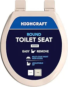 HIGHCRAFT Premium Round Toilet Seat with Adjustable Hinges & Quick Removal Mechanism - Molded Wood Toilet Seat - Fits Standard Round Toilets - Round Seat in Bone/Beige
