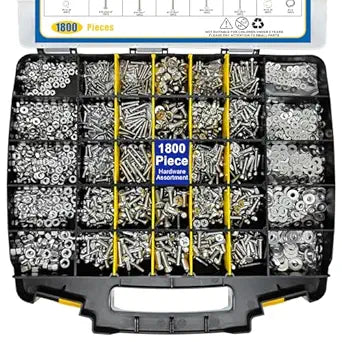1800 Pieces Hardware Assortment Kit, Nuts and Bolts Assortment Kit, Stainless Steel Phillips Pan Head & Flat Head Screws, Assorted Nuts Bolts Washers with Double Sided Organizer Box (Yellow)