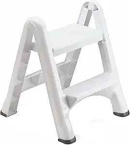 Rubbermaid Two-Step Folding Foot Stool 14-Inch High White 300 Pound Capacity Small Step Stool for Adults/Kids for Use in Library/Kitchen/Bathroom/Garage/Closet