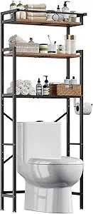 HOOBRO Over-The-Toilet Storage Rack, 3-Tier Bathroom Shelves Above Toilet, Bathroom Organizer with Toilet Paper Hook, Laundry Room, Space Saver, Rustic Brown and Black BF21TS01