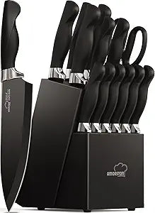 Amorston Knife Set, 15 Pieces Knives Set for Kitchen Knife Set with Block and Sharpener, Dishwasher Safe Knife Block Set German Stainless Steel Kitchen Knife Sets for New Home Fathers Day Gift