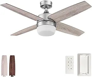 Prominence Home Atlas, 44 Inch Modern Indoor LED Ceiling Fan with Light and Remote Control, Dual Mounting Options, Dual Finish Blades, Reversible Motor - 51468-01 (Silver)