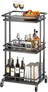 XYZLVSI 3-Tier Rolling Serving Bar Cart, Wood and Metal Kitchen Island Storage Cart with Wheels, Multifunction Utility Cart Storage Rack for Home, Kitchen, Bar, Dinning Room, Living Room (Black)