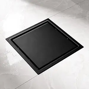 6-Inch Square Tile Insert Shower Drain with Flange - Commercial Drain for Bathroom Kitchen, SUS 304 Stainless Steel Invisible Floor Drain with Removable Cover and Strainer, Matte Black