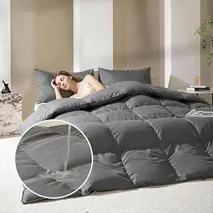 Goose Feather Down Fiber Comforter Queen Size, All Season Medium Warmth, Gray Waterproof Duvet Insert, Hotel Collection Hypoallergenic Bedding, 90"x90"