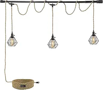 3-Light Hanging Light with Plug in Cord,Plug in Pendant Light 22ft Hemp Rope Pendant Lighting Vintage 3-Light Hanging Lamp Fixtures for Kitchen Island Living Room Bedroom