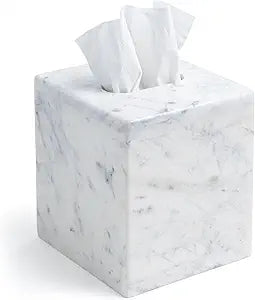 Cork & Mill Marble Tissue Box Cover for Kleenex and More, Decorative Cube Style Holder, Large Square Facial Tissue Dispenser Container for Home, Real Solid White Marble Bathroom Accessory