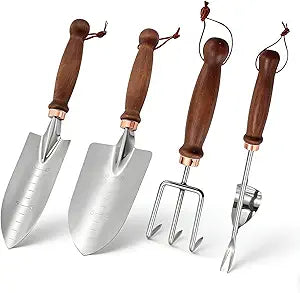 Garden Tools, 4 Pack Garden Shovel with Wooden Handles Hand Tools with Transplanting Hand Shovel, Rake and Root Picker Ideal for Digging and Planting