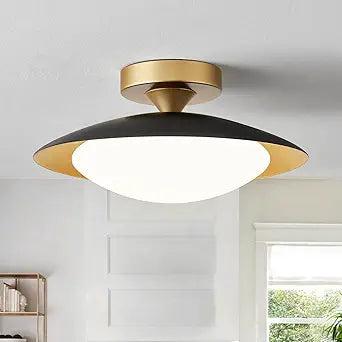 Dimmable Modern Mid-Century Ceiling Light, Black and Gold LED Semi Flush Mount Ceiling Light, 5CCT 2700K-6000K Lighting Fixture Ceiling Lamp with Glass Shade for Bedroom Hallway Kitchen, 12.6in