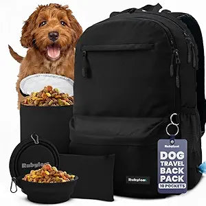 Dog Travel Bag for Supplies - Complete Dog Diaper Bag Backpack with 2 BPA-Free Travel Bowls, Treat Pouch, Food Container, Placemat & Laptop Sleeve  for Traveling, Road Trips, Hiking: Black