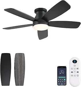 FUMLTP 42inch Ceiling Fans with Lights, Low Profile Ceiling Fan with Light and Remote Control, Flush Mount, Reversible DC Motor, Dimmable, Quiet, Black Small Ceiling Fan for Bedroom Indoor/Outdoor Use