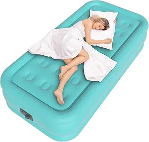 Twin Air Mattress with Built in Pump, Single Blow up Air Bed with Portable Storage Bag, Suitable for Home and Guests, Top Flocking, 18" Turquoise Green