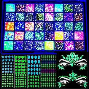 FANDAMEI Glow in the Dark Face Glitter Face Gems, 40 Colors Glitter Gel Palette, 6 Sheets Self Adhesive Gem Stickers, Face Jewels for Women. Body Hair Glitter Rhinestones. Glow in the Dark Accessories