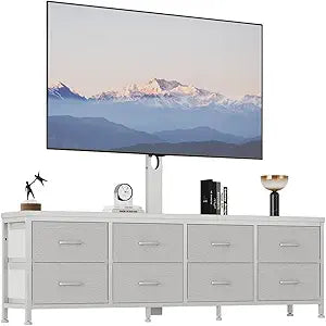 Dresser TV Stand with Mount, 63 Inch Long Fabric Dressers Entertainment Center with 8 Drawers, Rustic Brown Media Console Table for Living Room Bedroom, (White, 63 Inch)