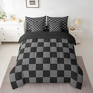 Checkered Retro Comforter Set Twin Size 7 Pieces Black Grey Plaid Bedding Set for Kids Boys Girls Geometric Vintage Bed in a Bag Modern Simple Groovy Aesthetic Bedroom Decor Quilted Lightweight
